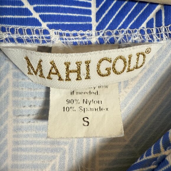 Mahi Gold Patterned Shift Mini Dress Womens Small Blue White Nautical Scuba Chic - Picture 6 of 10